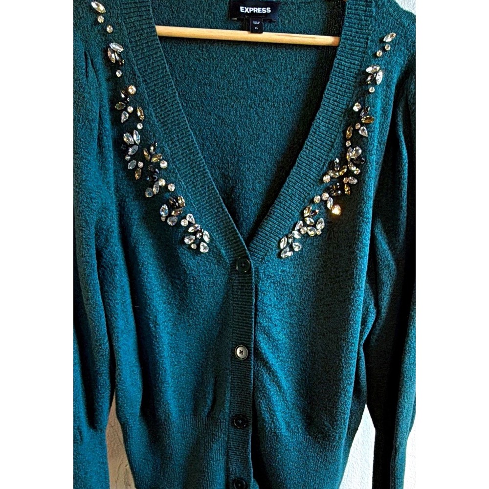 Express Women's XL Green Knit Rhinestone V-Neck Button Cardigan Puff Sleeve